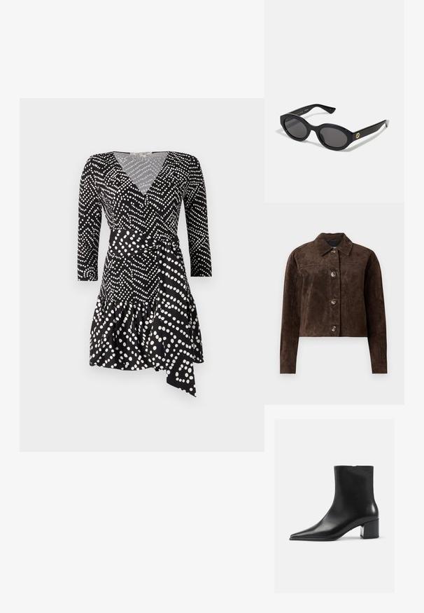 Rudas zomšos švarkas su apykakle, priekiniais mygtukais, dviem šoninėmis kišenėmis ir trumpu fasonu. Lygus paviršius ir išraiškingas siluetas.; Juoda apmušimo suknelė su baltais taškeliais, turinti V formos iškirpę, trijų ketvirčių rankoves ir raukšlėtą hemą su juosmens surišimo detale.; Juodas odinis aulinukas iki kulkšnies su smailiu pirštu, lygiu paviršiumi ir vidutinio aukščio blokuotu kulnu. Minimalistinis dizainas, užtrauktukas gale.; Juodos ovalios saulės akinių su tamsiais lęšiais ir blizgia plastiko apvadu. Su auksiniu logotipu ant šventyklos, siūlo elegantišką ir modernų dizainą.