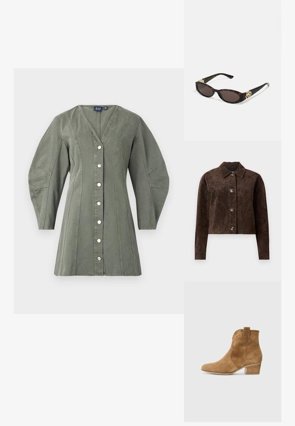 Pruun suède jakk, millel on kaelus, esine nööbid, kaks küljetaskut ja lühendatud disain. Sile tekstuur ja struktureeritud kuju.; Oliivroheline kleit, mis on valmistatud kangast, millel on V-kaelus, nööpidega esiosa ja puhvärvipikad varrukad. Omab nähtavat õmblust ja kohandatud istuvust.; Karmiinhalli nahast pahklu saapad terava varbaga, tekstuuritud äärega kaeluses ja ploki kontsaga. Omab tõmbluku silmust mugavaks jalga panemiseks.; Kilpkonnakilbi stiilis prillid piklik-ovaalsete läätsede, pruunika tooniga, kuldsete logo aktsentidega templitel ja elegantsed mustad varred.; Pruun faux nahast kott kahe tugeva käepidemega, struktureeritud kuju ja minimalistik disain, millel on peened õmblusdetailid.