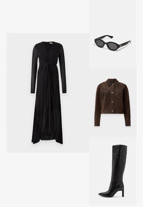 Ruskea mokkaliivi, jossa on kauluskanta, etupainikekiinnitys, kaksi sivutaskua ja lyhyt muotoilu. Sujuva pinta ja jämäkkä muoto.; Mustan pitkähihainen mekko, jossa on solmittu etuosa ja laskostuva kangas. Mekossa on syvä V-kaula-aukko ja vähittäinen helma eleganttia valumista varten.; Saapikkaat, jotka ulottuvat polveen, mustaa nahkaa, stiletto-korko ja terävä nokka, sileä materiaali. Korko on lohkotyyppinen, mikä tuo vakautta muotoiluun.; Mustat soikeat aurinkolasit tummilla linsseillä ja kiiltävästä muovista valmistetulla kehällä. Varustettu kullanvärisellä logolla temppeleissä, tarjoten tyylikkään ja modernin muotoilun.