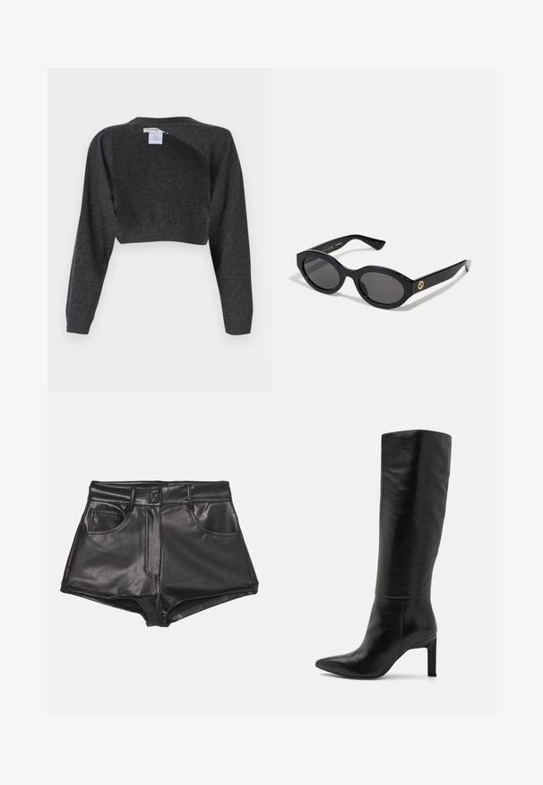 Chaqueta de ante marrón con cuello tipo solapa, cierre frontal de botones, dos bolsillos laterales y un diseño corto. Textura suave y forma estructurada.; pure cashmere BOLERO TWO-WAY - Jersey de punto - graphite; Pantalones cortos de imitación cuero negros con cintura alta, que cuentan con dos bolsillos frontales, costuras visibles y una textura suave.; Botas de cuero negras hasta la rodilla con tacón de aguja y punta afilada. El tacón es de estilo cuadrado, lo que añade estabilidad al diseño.; Gafas de sol negras en forma ovalada con lentes oscuros y montura de plástico brillante. Presenta un logo dorado en la patilla, ofreciendo un diseño elegante y moderno.; Bolso de ante marrón con dos asas resistentes, forma rectangular y un detalle decorativo en forma de correa en la parte frontal.