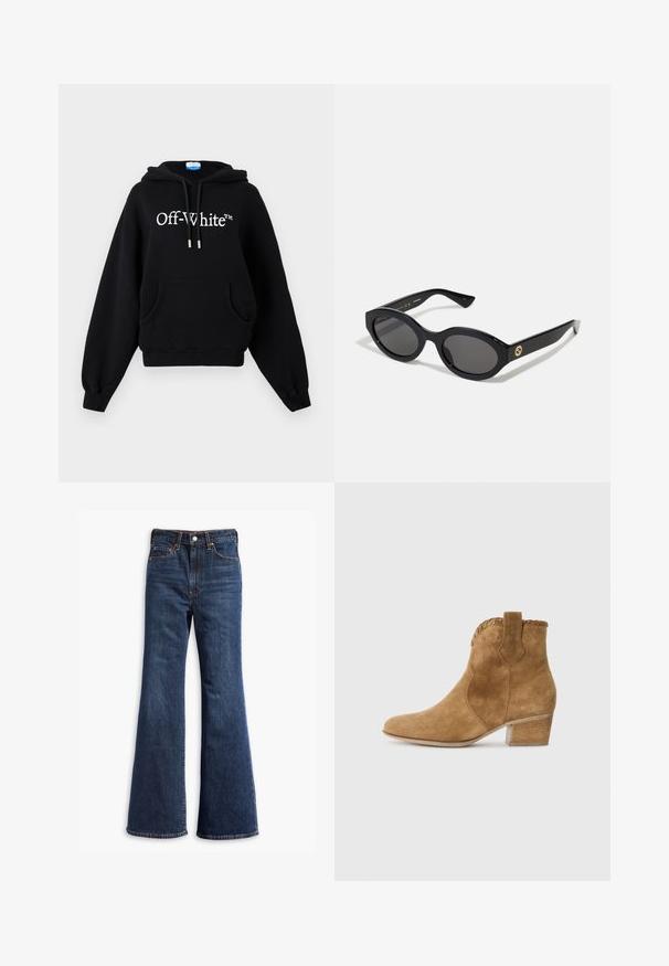 Barna velúr dzseki galléros nyakkal, elöl gombos záródással, kettő oldalsó zsebbel és cropped (rövidített) fazonnal. Simább textúra és formált alak.; Fekete pamut kapucnis pulóver nagy elülső zsebbel, zsinóros kapucnival, bordázott mandzsettákkal és fehér "Off-White™" logóval a mellkasán.; Magas derekú sötétkék farmernadrág, harang alakú lábakkal, elülső gombos és cipzáros zárással, valamint öt zsebes kialakítással.; Barna velúr bokacsizma hegyes orral, textúrált díszítéssel a nyakon és tömbsarkal. Húzófüllel a könnyű felhúzás érdekében.; Fekete ovális napszemüveg sötét lencsékkel és fényes műanyag kerettel. Aranyszínű logóval rendelkezik a szárán, amely elegáns és modern megjelenést biztosít.