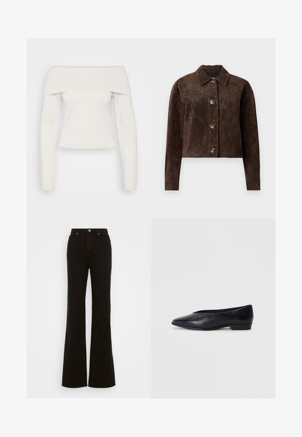 Braune Wildlederjacke mit Kragen, vorderem Knopfverschluss, zwei seitlichen Taschen und cropped Design. Glatte Textur und strukturierte Form.; Langärmliges, schulterfreies Oberteil aus weichem weißem Strick, mit einem gerippten Halsausschnitt und einer taillierten Passform, glatter Textur und minimalen Nähten.; Pieces PCKITTE ROLLNECK - Langarmshirt - chicory coffee; Hoch taillierte schwarze Schlagjeans aus Denim, mit Knopfverschluss, seitlichen Taschen und glatter Textur.; Schwarze Lederflatschuhe mit spitzer Zehenform, leicht erhöhtem Absatz und glatter Oberfläche. Schlichtes Design ohne sichtbare Hardware oder Muster.