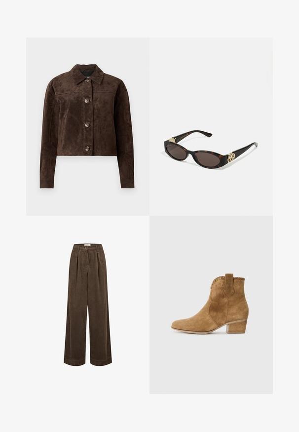 Brązowa kurtka ze zamszu z kołnierzykiem, z przodu na guziki, dwoma bocznymi kieszeniami i skróconym krojem. Gładka faktura i zróżnicowany kształt.; Biała koszula z długim rękawem, wykonana z bawełny, z kieszonką na piersi i małym haftowanym logo. Luźny fason z klasycznym kołnierzykiem.; Brązowe, szerokie spodnie z korduroju mają wysoki stan, frontowe zakładki i zapięcie na jeden guzik. Gładka tekstura z delikatnymi prążkami.; Karmelowe zamszowe botki za kostkę z ostrym noskiem, teksturowanym wykończeniem przy kołnierzu oraz dużym obcasem. Posiadają uchwyt z tyłu ułatwiający zakładanie.; Słoneczne okulary w kolorze żółwi z wydłużonymi owalnymi soczewkami, brązowym odcieniem, złotymi akcentami logo na zausznikach oraz smukłymi czarnymi ramionami.; Brązowa torebka tote z sztucznego zamszu, z dwiema solidnymi rączkami, o wyraźnym kształcie i minimalistycznym designie, z subtelnymi akcentami w postaci przeszyć.