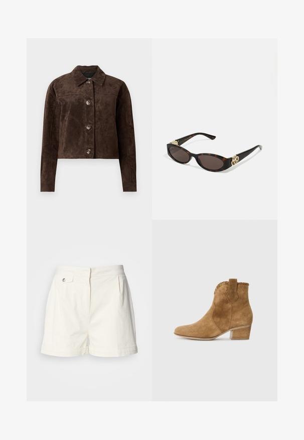 Brun ruskindsjakke med krave, frontknaplukning, to sidelommer og cropped design. Glat tekstur og struktureret form.; Hvid skjorte med knapper lavet af bomuld, med en brystlomme og lille broderet logo. Løs pasform med klassisk krave og lange ærmer.; Hvide bomuldsbukser med flad front, sidelommer, frontfolder og en enkelt knaplukning i taljen. Skræddersyet form, glat tekstur.; Tan semsket ankelstøvle med spids tå, tekstureret kant ved kraven og blokhæle. Har en trækflap for nem påføring.; Skildpaddemønster solbriller med aflange ovale linser, brun farve, guldlogo accenter på stængerne og slanke sorte arme.; Brun faux suede tote bag med to stabile håndtag, en struktureret form og minimalistisk design, med subtile syninger som accent.