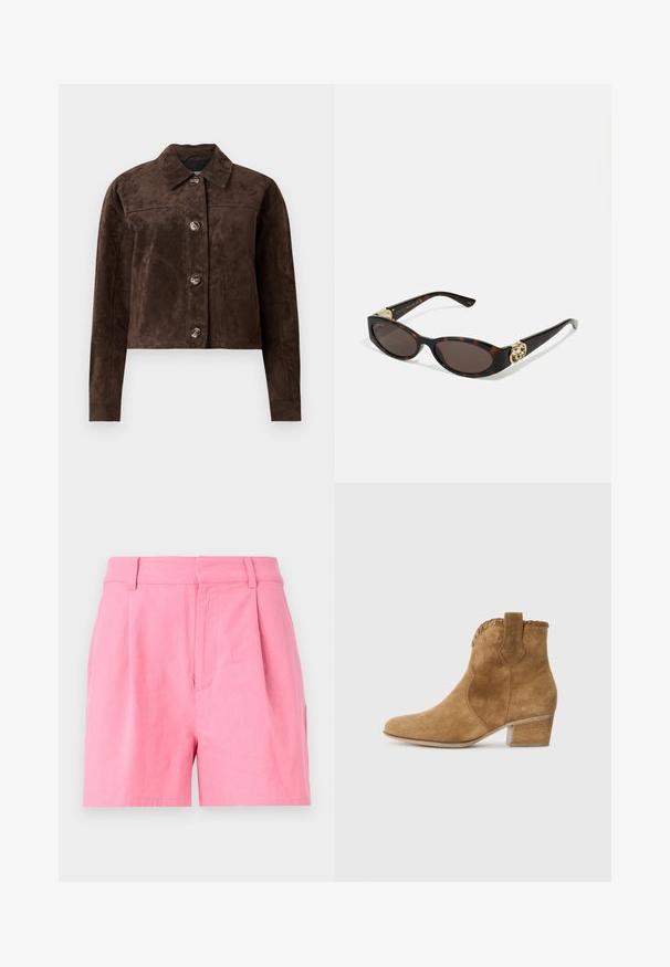 Jachetă din suede maro cu guler, închidere frontală cu butoane, două buzunare laterale și un design scurt. Textură netedă și formă structurată.; Cămașă albă cu nasturi, confecționată din bumbac neted, cu guler clasic, având o tivă dreaptă și nasturi bej pe față.; Shorts roz din bumbac, cu o textură fină, prezentând pliuri, un tiv și buzunare laterale pentru o funcționalitate suplimentară.; Bocanci scurți din suede bej cu vârf ascuțit, margine texturată la guler și toc pătrat. Include o buclă pentru o îmbrăcare ușoară.; Ochelari de soare din țiglă cu lentile ovale alungite, nuanță maro, accente cu logo auriu pe brațele laterale și brațe negre elegante.; Geantă tote din microfibră maro cu două mânere robuste, formă structurată și design minimal, având accente subtile de cusătură.