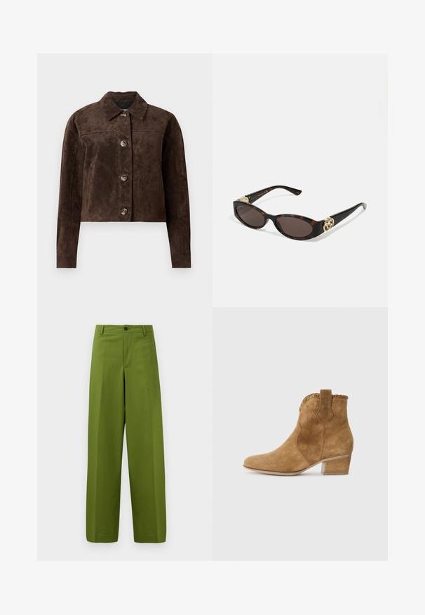 Brown suede jacket with a collared neck, front button closure, two side pockets, and a cropped design. Smooth texture and structured shape.; White button-up shirt made of smooth cotton with a classic collar, featuring a straight hem and beige buttons along the front.; Green wide-leg trousers made of smooth fabric. Features a single front button closure and a flat front design.; Tan suede ankle boot with a pointed toe, textured trim at the collar, and a block heel. Features pull tab for easy wear.; Tortoiseshell sunglasses with elongated oval lenses, brown tint, gold logo accents on temples, and sleek black arms.; Brown faux suede tote bag with two sturdy handles, a structured shape, and minimalistic design, featuring subtle stitching accents.