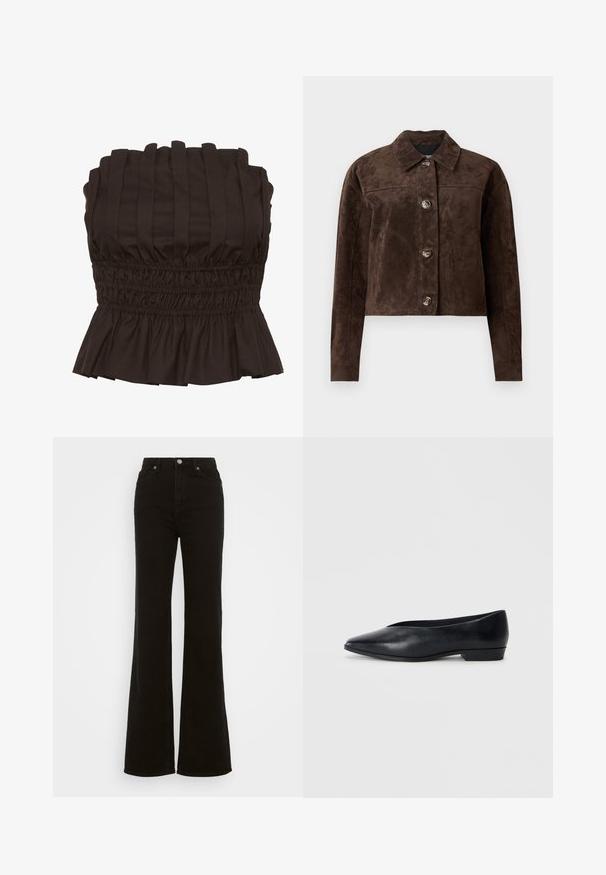 Ruskea mokkaliivi, jossa on kauluskanta, etupainikekiinnitys, kaksi sivutaskua ja lyhyt muotoilu. Sujuva pinta ja jämäkkä muoto.; Gestuz PAULINE - Toppi - dark brown; Korkeavyötäröiset mustat leveälahkeiset farkut, jotka on valmistettu denimistä. Farkuissa on nappikiinnitys, sivutaskut ja sileä pinta.; Mustas nahast lame king, millel on terav varvas, veidi tõstetud konts ja sile pind. Lihtne disain, ilma nähtava riistvarata või mustriteta.