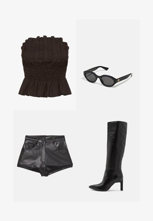 Brun ruskindsjakke med krave, frontknaplukning, to sidelommer og cropped design. Glat tekstur og struktureret form.; Gestuz PAULINE - Top - dark brown; Sorte faux læder shorts med høj talje, der har to frontlommer, synlige sømme og en glat overflade.; Knæhøje sorte læder stiletto-støvler med spids tå og glat tekstur. Hælen er i blokstil, hvilket tilføjer stabilitet til designet.; Sorte ovale solbriller med mørke linser og blank plastramme. Har et guldlogo på stykket, hvilket giver et slankt og moderne design.