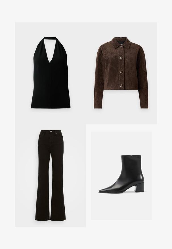 Hnědá semišová bunda s límečkem, popperovým zapínáním v přední části, dvěma bočními kapsami a zkráceným střihem. Hladká textura a strukturovaný tvar.; Černý bezramínkový halter top s hlubokým výstřihem do V a zadním páskem, vystavený na bílém pozadí.; Černé riflové džíny se zvýšeným pasem a rozšířenými nohavicemi, vyrobené z denimu, s knoflíkovým zapínáním, bočními kapsami a hladkým povrchem.; Černá kožená kotníková bota s špičatou špičkou, hladkým povrchem a středním blokovým podpatkem. Minimalistický design, zapínání na zip na zadní straně.