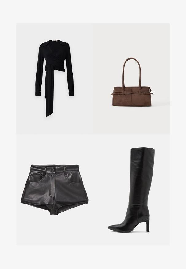 Brązowa kurtka ze zamszu z kołnierzykiem, z przodu na guziki, dwoma bocznymi kieszeniami i skróconym krojem. Gładka faktura i zróżnicowany kształt.; Czarna bluzka z długimi rękawami, rozłożystym kołnierzem i wiązaniem w talii. Wykonana z gładkiego materiału o lekkiej teksturze.; Czarne szorty z ekologicznej skóry z wysokim stanem, z dwiema przednimi kieszeniami, widocznym przeszyciem i gładką fakturą.; Czarno skórzane kozaki do kolan na wysokim obcasie, z wąskim noskiem i gładką fakturą. Obcas w stylu blokowym zapewnia stabilność konstrukcji.; Brązowa torebka z zamszu z dwoma mocnymi uchwytami, prostokątnym kształtem i ozdobnym paskiem na przodzie.