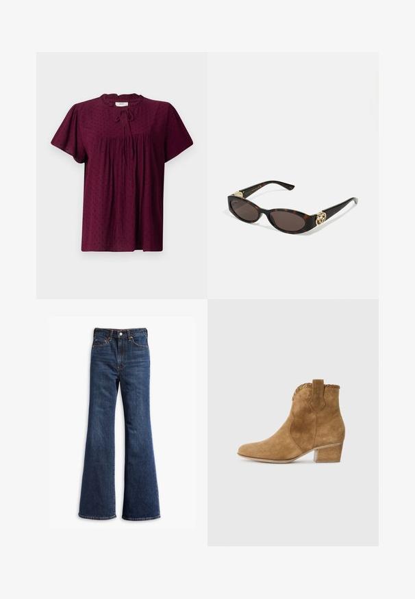 Chaqueta de ante marrón con cuello tipo solapa, cierre frontal de botones, dos bolsillos laterales y un diseño corto. Textura suave y forma estructurada.; Blusa burdeos con mangas cortas abullonadas, tejido texturizado con un sutil patrón de puntos, frente fruncido y detalle de escote atado.; Jeans de mezclilla de tiro alto en azul oscuro, con piernas acampanadas, cierre delantero de botón y cremallera, y diseño de cinco bolsillos.; Botín de ante en color beige con punta afilada, ribete texturizado en el cuello y tacón cuadrado. Presenta una tira en la parte trasera para facilitar su puesta.; Gafas de sol carey con lentes ovalados alargados, tintado marrón, acentos de logo dorado en las patillas y brazos negros elegantes.; Bolsa tote de imitación ante marrón con dos asas resistentes, forma estructurada y diseño minimalista, con sutiles detalles de costura.