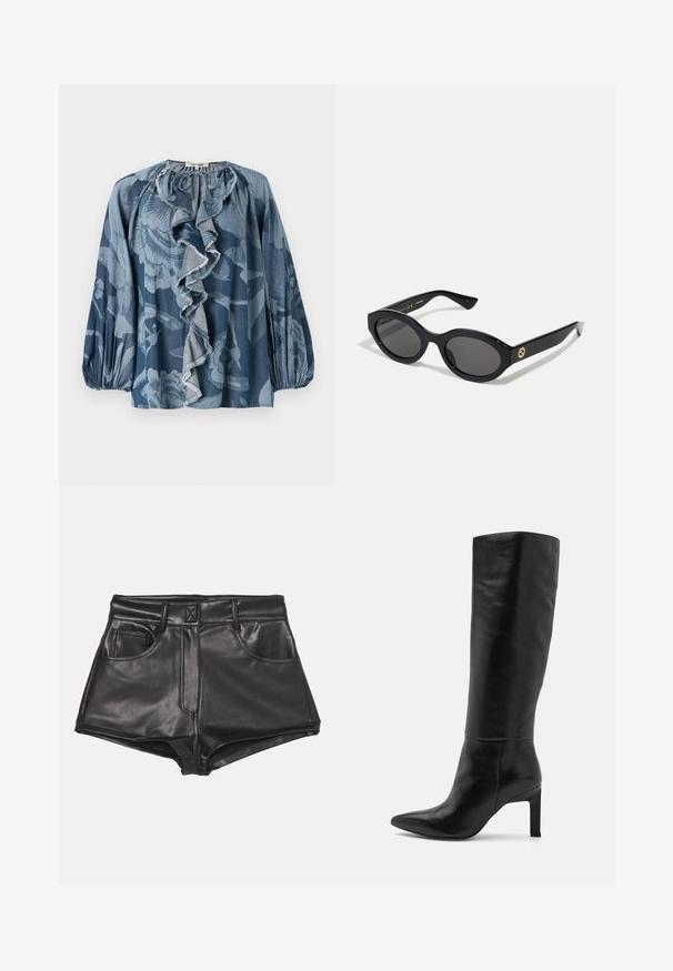 Rudas zomšos švarkas su apykakle, priekiniais mygtukais, dviem šoninėmis kišenėmis ir trumpu fasonu. Lygus paviršius ir išraiškingas siluetas.; Mėlyna gėlių bluzoną su plunksnuota kaklo detale, ilgomis rankovėmis ir tekstūruotu audiniu. Dizainas apima įvairias mėlynas atspalvius ir subtilius raštus.; Juodos dirbtinės odos šortai su aukštu liemeniu, turintys dvi priekines kišenes, matomus siūlus ir lygią tekstūrą.; Juosmens aukščio juodi odiniai stiletai su smailiu kojų formavimu ir lygiu paviršiumi. Pakulnė yra blokinio tipo, suteikianti stabilumo dizainui.; Juodos ovalios saulės akinių su tamsiais lęšiais ir blizgia plastiko apvadu. Su auksiniu logotipu ant šventyklos, siūlo elegantišką ir modernų dizainą.