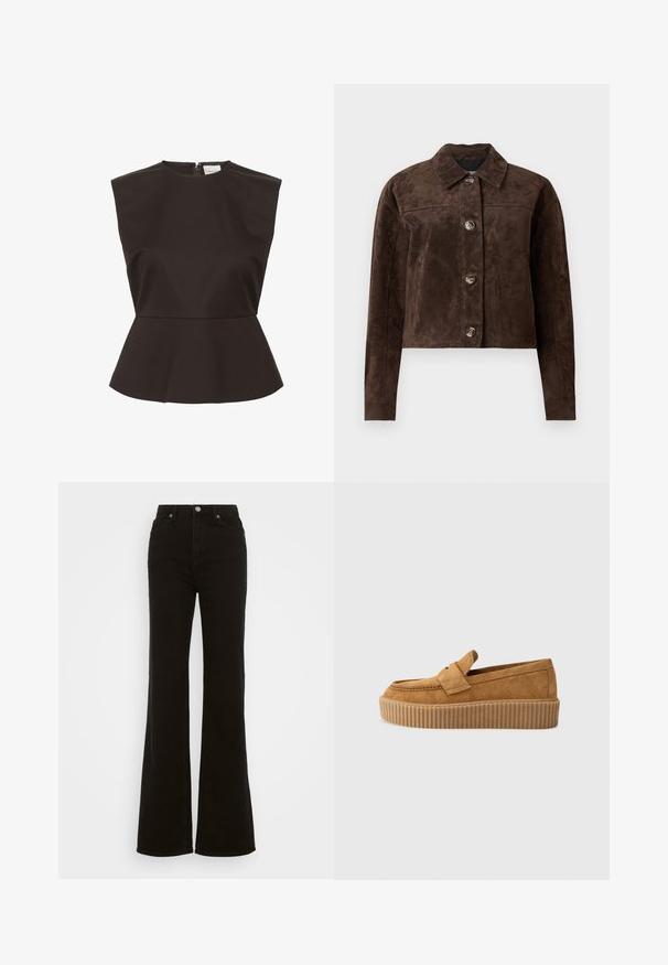 Brun mockaskinnjacka med krage, knappstängning framtill, två sidofickor och kort design. Slät textur och strukturerad form.; Svart peplumtop med hög halsringning, strukturerade axlar och en dold dragkedja bak, tillverkad av ett glatt tyg.; Höga svarta utsvängda jeans i denim, med knappstängning, sidfickor och en slät yta.; Bruna mockaläder loafers med rund tå, med en ribbad plattformssula och ett dekorativt band över ovansidan.