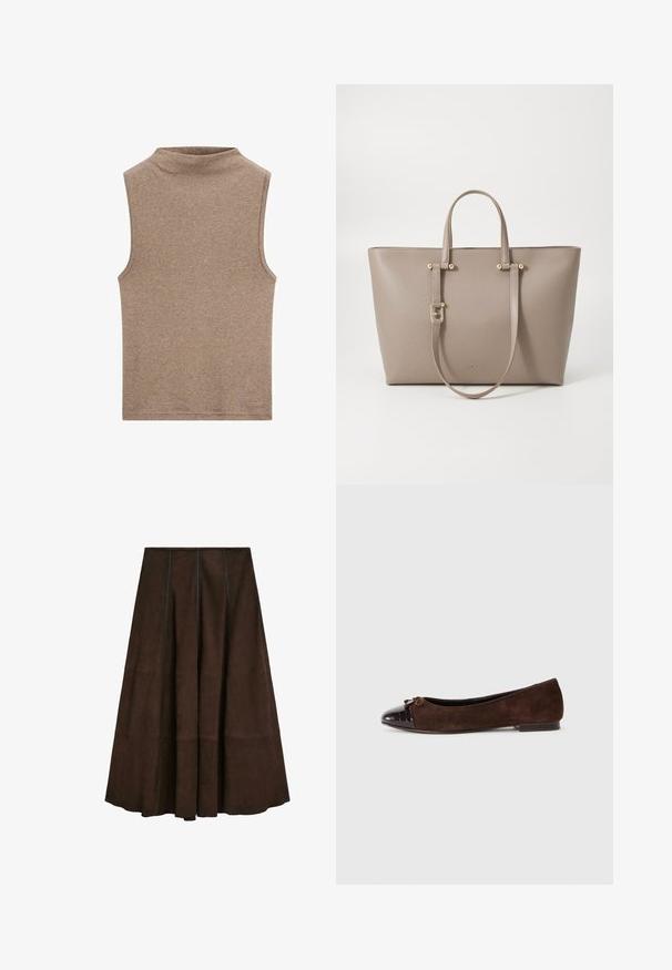 Giacca in suede marrone con collo, chiusura anteriore con bottoni, due tasche laterali e design cropped. Texture liscia e forma strutturata.; Top marrone senza maniche con collo alto, realizzato in un tessuto morbido, caratterizzato da una texture liscia e un design semplice senza ulteriori motivi o dettagli.; Gonna midi in suede marrone con un design svasato e dettagli in cucitura verticale, caratterizzata da una texture liscia e un orlo ampio.; Ballerine in suede marrone con punta in vernice lucida marrone scuro e un piccolo fiocco sul davanti. Tacco basso.; Borsa tote in pelle beige con hardware dorato, doppio manico superiore e finitura liscia. Presenta il logo impresso sulla parte anteriore.