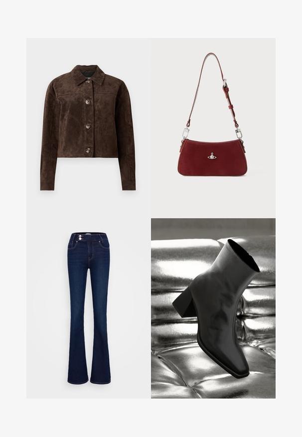 Hnědá semišová bunda s límečkem, popperovým zapínáním v přední části, dvěma bočními kapsami a zkráceným střihem. Hladká textura a strukturovaný tvar.; Beige svetřík s dlouhým rukávem a vysokým límcem vyrobený z měkké, texturované látky; má úzký střih a vysoký krk. Žádné viditelné vzory nebo kovové prvky.; Tmavě modré rozšířené džíny s vysokým pasem, dvěma předními kapsami a dvěma knoflíkovými zapínáními. Vyrobené z denimu s hladkou texturou.; Černá kotníková bota vyrobená z lesklého materiálu se čtveratou špičkou a zúženým podpatkem, umístěná na lesklém stříbrném prošívaném pozadí.; Červená semišová kabelka na rameno s křivkovým tvarem. Obsahuje stříbrný akcent a nastavitelné ucho se kovovými detaily. Hladký povrch.
