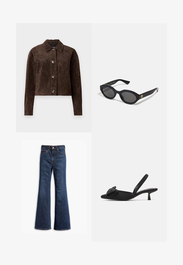 Brown suede jacket with a collared neck, front button closure, two side pockets, and a cropped design. Smooth texture and structured shape.; Black, fitted camisole with adjustable thin straps, V-neckline, seamless design, and smooth texture. Made from a soft, stretch material.; High-waisted dark blue denim jeans with flared legs, front button and zipper closure, and five-pocket design.; ONLY SHOES ONLCOCO BOW SLINGBACK - Classic heels - black; Black oval sunglasses with dark lenses and glossy plastic frame. Features gold logo on the temple, offering a sleek and modern design.