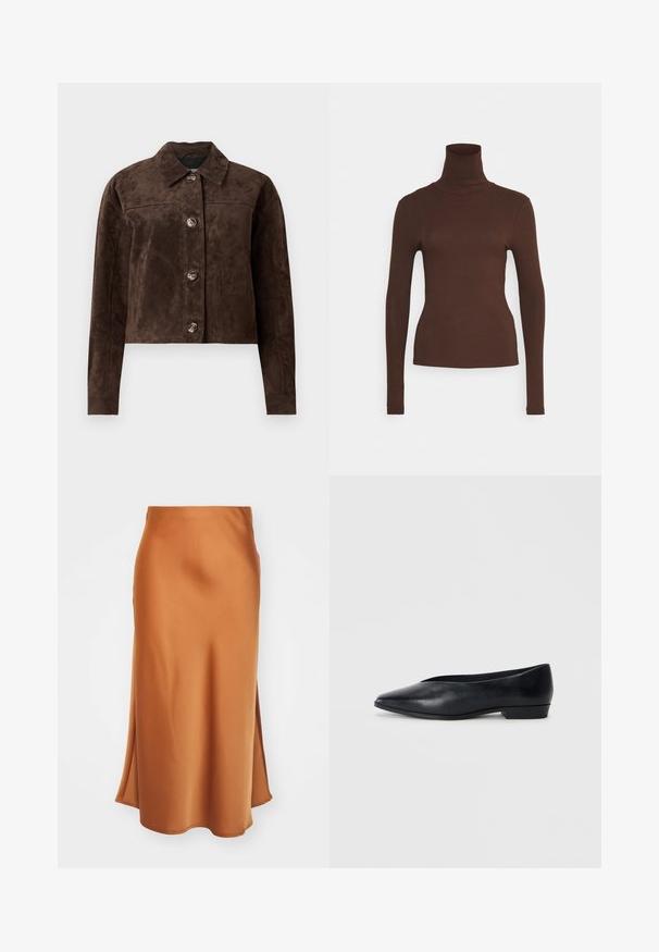 Barna velúr dzseki galléros nyakkal, elöl gombos záródással, kettő oldalsó zsebbel és cropped (rövidített) fazonnal. Simább textúra és formált alak.; Pieces PCKITTE ROLLNECK - Hosszú ujjú felső - chicory coffee; Selyem midi szoknya égett narancssárga színben, sima textúrával, oldalsó hasítékkal és enyhén bővülő szegéllyel a légies sziluettért.; Fekete bőr lapos cipő, hegyes orral, enyhén megemelt sarka és sima felülettel. Egyszerű dizájn, látható hardver vagy minták nélkül.