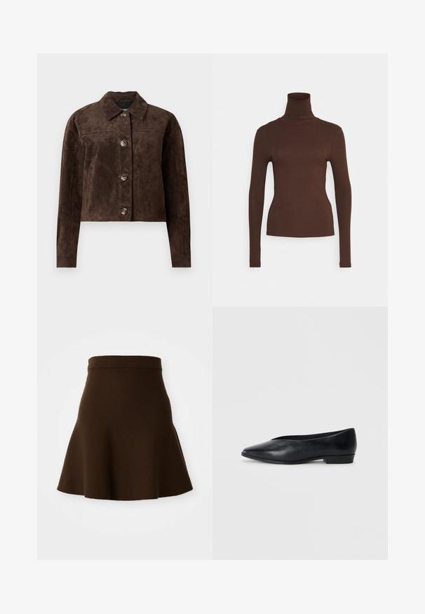 Brahno usnjeni jakni s ovratnikom, sprednjo zaporo na gumbe, dvema stranskima žepoma in skrajšano zasnovo. Gladka tekstura in strukturirana oblika.; Pieces PCKITTE ROLLNECK - Majica z dolgimi rokavi - chicory coffee; Brahk pleteni krilo iz mehke tkanine z gladko teksturo. Ima oprijet pas in zasnovo do kolen, brez vidnih vzorcev.; Črne usnjene balerinke s špičastim nosom, rahlo dvignjenim peto in gladko površino. Preprost dizajn brez vidnih dodatkov ali vzorcev.