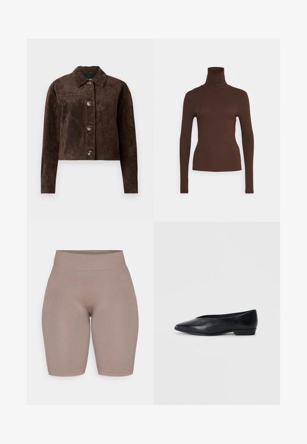 Brun semsket skinnjakke med krage, frontlukking med knapper, to sidelommer og kort design. Glatt tekstur og strukturert form.; Pieces PCKITTE ROLLNECK - Topper langermet - chicory coffee; Høytlivede ribbestrikkede sykkelshorts i dempet taupe, med en glatt tekstur og elastisk midjebånd for komfort og passform.; Sorte skinn flate sko med spiss tå, lett hevet hæl og glatt overflate. Enkelt design uten synlig hardware eller mønstre.