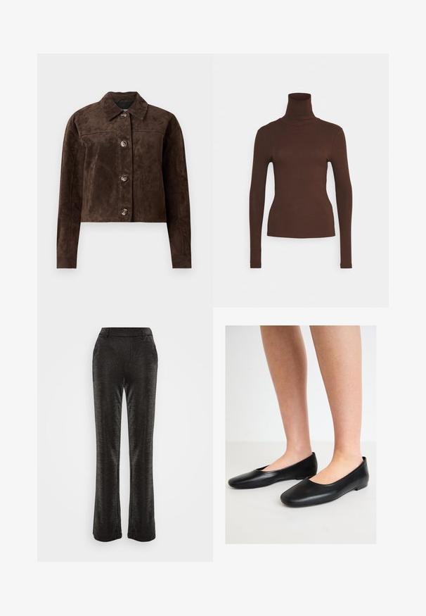 Barna velúr dzseki galléros nyakkal, elöl gombos záródással, kettő oldalsó zsebbel és cropped (rövidített) fazonnal. Simább textúra és formált alak.; Pieces PCKITTE ROLLNECK - Hosszú ujjú felső - chicory coffee; Fekete, bővülő szárú nadrág fényes, texturált anyagból. Szoros derékrésszel és oldalsó zsebekkel rendelkezik, sima vonalvezetése a szegélyig terjed.; Fekete balerina cipők sima bőrből, lekerekített orral és alacsony, lapos talppal, slip-on kialakítással és látható fém részek nélkül.