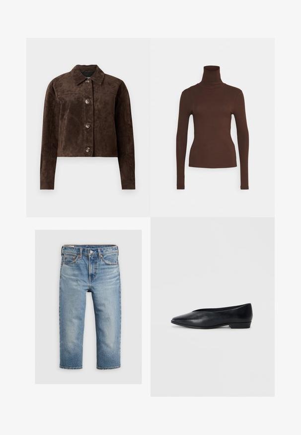 Brūns zamšs mētelis ar apkakli, priekšējo pogu aizdari, divām sānu kabatām un īsu dizainu. Gluda tekstūra un strukturēta forma.; Pieces PCKITTE ROLLNECK - Tops ar garām piedurknēm - chicory coffee; Gaiši zili denima džinsi ar taisnu piegriezumu, vidēja augstuma jostasvietu, piecām kabatām un redzamiem diegiem. Kājas ir īsinātas virs potītes.; Melnas ādas dzīvokļu kurpes ar norādītu purngalu, nedaudz paceltu papēdi un gludu virsmu. Vienkāršs dizains bez redzamām detaļām vai rakstiem.