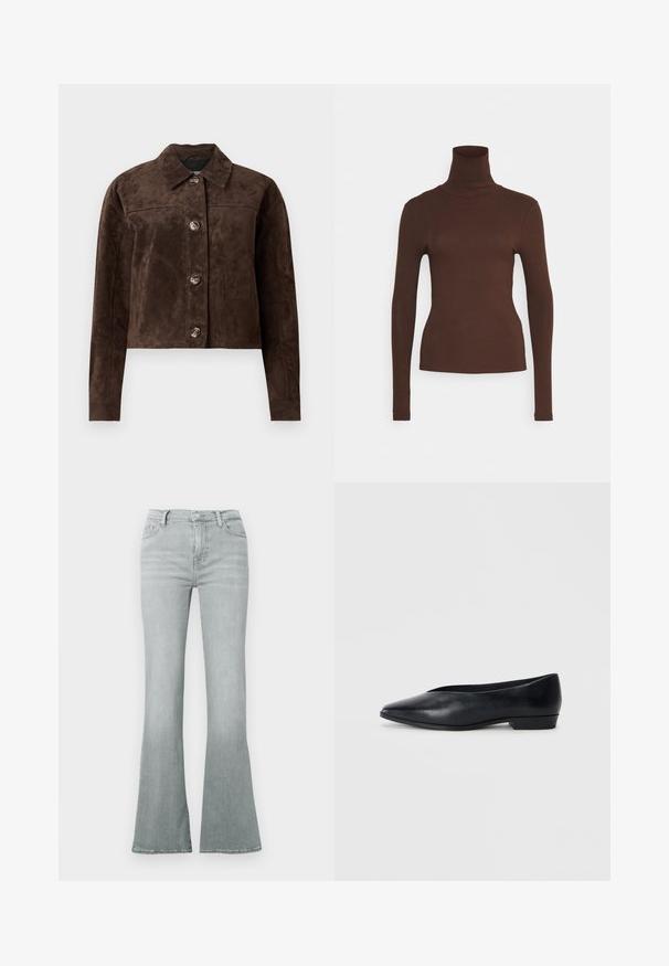 Brun ruskindsjakke med krave, frontknaplukning, to sidelommer og cropped design. Glat tekstur og struktureret form.; Pieces PCKITTE ROLLNECK - Langærmet T-shirt - chicory coffee; Lysegrå flared jeans lavet af denim, med høj talje, fem-lomme design og en glat tekstur med subtil falmning.; Sorte læder flade sko med spids tå, let hævet hæl og glat overflade. Simpelt design uden synligt hardware eller mønstre.