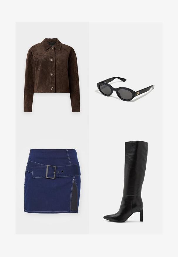 Barna velúr dzseki galléros nyakkal, elöl gombos záródással, kettő oldalsó zsebbel és cropped (rövidített) fazonnal. Simább textúra és formált alak.; Fekete, crop fazonú pamut póló, kerek nyakkivágással és rövid, széles ujjal az laza illeszkedés érdekében. Simább textúra, egyszerű dizájn.; Tengerészeti farmerszoknya fehér varrással, széles övvel, négyzet alakú csattal és fekete szövet oldalpanellel.; Térdig érő fekete bőr magassarkú csizma, hegyes orral és sima felülettel. A sarok blokk stílusú, ami stabilitást ad a kialakításnak.; Fekete ovális napszemüveg sötét lencsékkel és fényes műanyag kerettel. Aranyszínű logóval rendelkezik a szárán, amely elegáns és modern megjelenést biztosít.