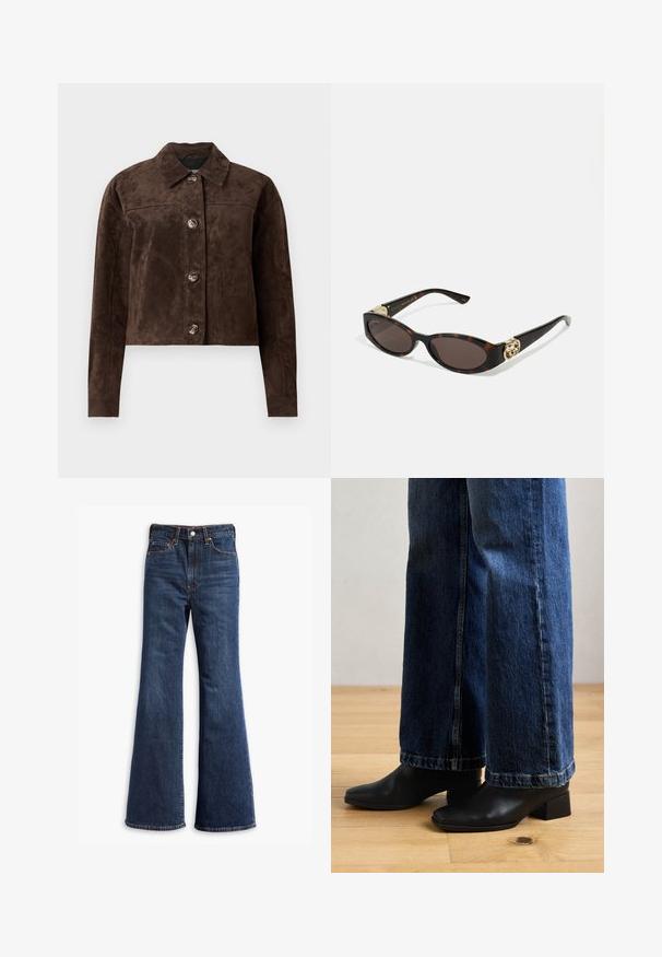 Pruun suède jakk, millel on kaelus, esine nööbid, kaks küljetaskut ja lühendatud disain. Sile tekstuur ja struktureeritud kuju.; Must musta lühike T-särk, mis on valmistatud puuvillast, ümmarguse kaelusega ja lühikeste, laia lõikega varrukatega, mis tagavad vabalt voolava istuvuse. Sile tekstuur, lihtne disain.; Kõrgelt talje sinised teksapüksid, flöödid säärtedega, ees nupuga ja tõmbluku sulgemine ning viie-tasku disain.; Mustad mustad nahast pahkluu saapad ruudukujuliste varvaste ja madalate plokk-kontsadega, kombineeritud laia säärega sinise denimi teksadega, puidust põrandal.; Kilpkonnakilbi stiilis prillid piklik-ovaalsete läätsede, pruunika tooniga, kuldsete logo aktsentidega templitel ja elegantsed mustad varred.; Pruun faux nahast kott kahe tugeva käepidemega, struktureeritud kuju ja minimalistik disain, millel on peened õmblusdetailid.