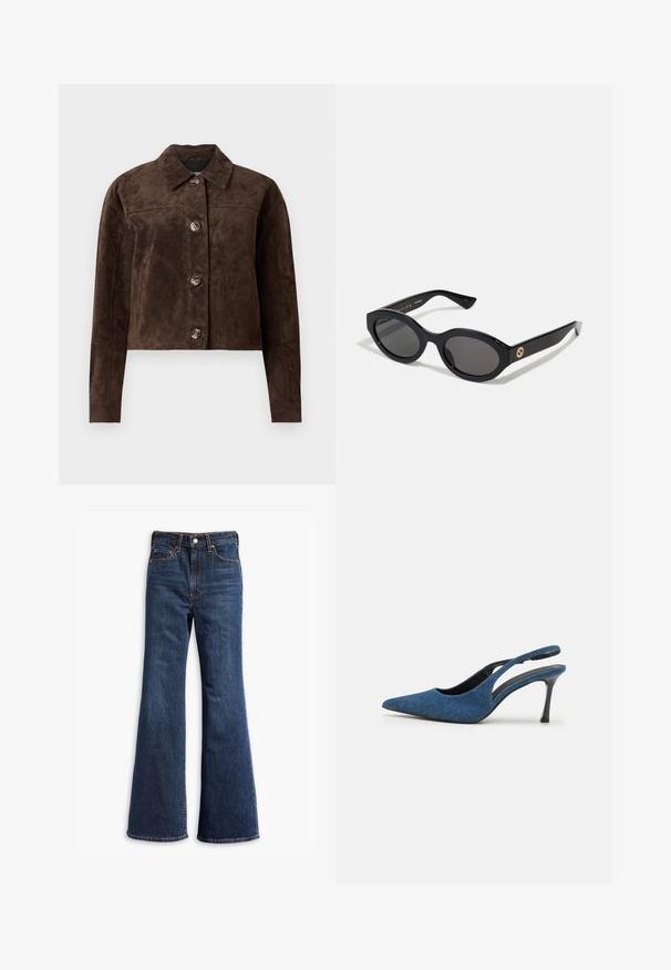 Giacca in suede marrone con collo, chiusura anteriore con bottoni, due tasche laterali e design cropped. Texture liscia e forma strutturata.; T-shirt nera cropped in cotone, con scollatura rotonda e maniche corte e larghe per una vestibilità comoda. Tessuto morbido, design semplice.; Jeans in denim blu scuro a vita alta con gamba a zampa d'elefante, chiusura frontale con bottone e zip, e design a cinque tasche.; Tacchi slingback in denim blu con punta affusolata, caratterizzati da un sottile tacco nero e una tomaia in tessuto texturizzato. Design con parte posteriore aperta.; Occhiali da sole neri a forma ovale con lenti scure e montatura in plastica lucida. Presentano un logo dorato sulla stanghetta, offrendo un design elegante e moderno.; Borsa a spalla in finta suede marrone con due manici robusti, forma strutturata e design minimalista, caratterizzata da sottili accenti di cucitura.