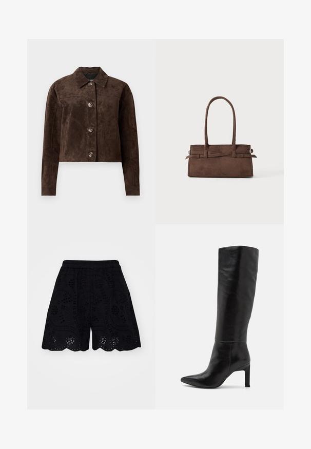 Veste en daim marron avec un col, fermeture à boutons sur le devant, deux poches latérales et un design court. Texture lisse et forme structurée.; T-shirt noir court en coton, avec un col rond et des manches courtes larges pour un ajustement ample. Texture lisse, design simple.; Shorts noirs ornés de motifs découpés en broderie complexes, avec un ourlet en forme de vagues et une taille élastique pour le confort.; Bottes noires en cuir à talons aiguilles, montant jusqu'au genou, avec une pointe fine et une texture lisse. Le talon est de style bloc, ajoutant de la stabilité au design.; Sac à main en daim marron avec deux poignées solides, de forme rectangulaire et un détail de sangle décoratif sur le devant.
