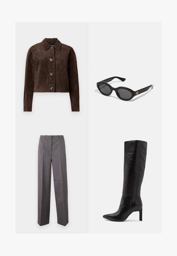 Brown suede jacket with a collared neck, front button closure, two side pockets, and a cropped design. Smooth texture and structured shape.; Black cropped t-shirt made of cotton, featuring a round neckline and short, wide sleeves for a loose fit. Smooth texture, simple design.; Gray tailored trousers made of textured fabric, featuring a straight-leg design, flat front, and belt loops.; Knee-high black leather stiletto boots with a pointed toe and smooth texture. The heel is block-style, adding stability to the design.; Black oval sunglasses with dark lenses and glossy plastic frame. Features gold logo on the temple, offering a sleek and modern design.