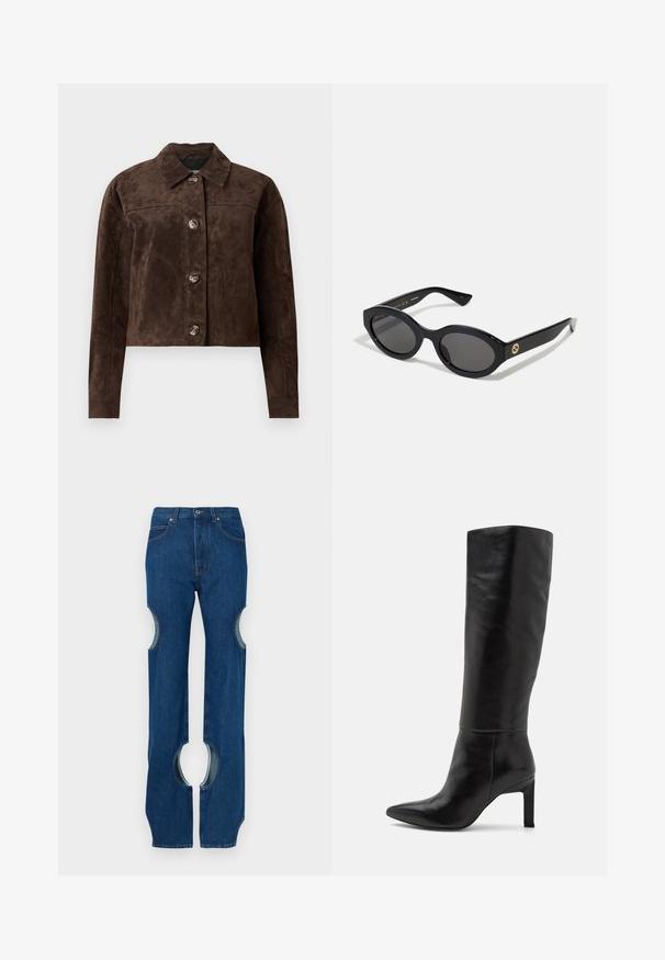 Rudas zomšos švarkas su apykakle, priekiniais mygtukais, dviem šoninėmis kišenėmis ir trumpu fasonu. Lygus paviršius ir išraiškingas siluetas.; Juoda trumpa medvilninė marškinėlių tipo palaidinė, su apvaliu kaklu ir trumpomis, plačiomis rankovėmis, suteikiančiomis laisvą prigludimą. Sklandi tekstūra, paprastas dizainas.; Tamsiai mėlynos spalvos džinsai, pagaminti iš džinso audinio, su išpjovomis išorinėje šlaunų dalyje, tiesios kojų formos ir kontrastine siūlelių siuvimu siūlėse.; Juosmens aukščio juodi odiniai stiletai su smailiu kojų formavimu ir lygiu paviršiumi. Pakulnė yra blokinio tipo, suteikianti stabilumo dizainui.; Juodos ovalios saulės akinių su tamsiais lęšiais ir blizgia plastiko apvadu. Su auksiniu logotipu ant šventyklos, siūlo elegantišką ir modernų dizainą.