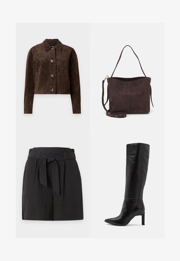 Barna velúr dzseki galléros nyakkal, elöl gombos záródással, kettő oldalsó zsebbel és cropped (rövidített) fazonnal. Simább textúra és formált alak.; Fekete, crop fazonú pamut póló, kerek nyakkivágással és rövid, széles ujjal az laza illeszkedés érdekében. Simább textúra, egyszerű dizájn.; Fekete rövidnadrág hajtott derékkal és megkötő részlettel. Simogató anyagból készült, öltönyre szabott fazonban, oldalsó hasítékkal a kényelem érdekében.; Térdig érő fekete bőr magassarkú csizma, hegyes orral és sima felülettel. A sarok blokk stílusú, ami stabilitást ad a kialakításnak.; Barna velúrbőr táska puha tapintással, egyetlen vállpánttal és finoman ívelt felső nyitással. Nincs látható fémrész.