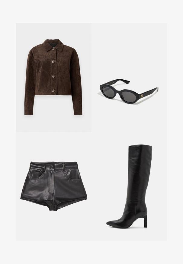 Hnedá semišová bunda s golierom, predným zapínaním na gombíky, dvoma bočnými vreckami a skráteným strihom. Hladká textúra a štruktúrovaný tvar.; Čierny krátky tričko vyrobené z bavlny, s okrúhlym výstrihom a krátkymi, širokými rukávmi pre voľný strih. Hladká textúra, jednoduchý dizajn.; Čierne šortky z imitácie kože s vysokým pásom, obsahujúce dve predné vrecká, viditeľné švy a hladký povrch.; Čierne kožené čižmy na vysokom opätku s dĺžkou po kolená, špicatou špičkou a hladkým povrchom. Opätok má blokový tvar, čo pridáva stabilitu k dizajnu.; Čierne oválne slnečné okuliare s tmavými sklami a lesklým plastovým rámom. Obsahujú zlaté logo na stráne, čo im dáva elegantný a moderný dizajn.