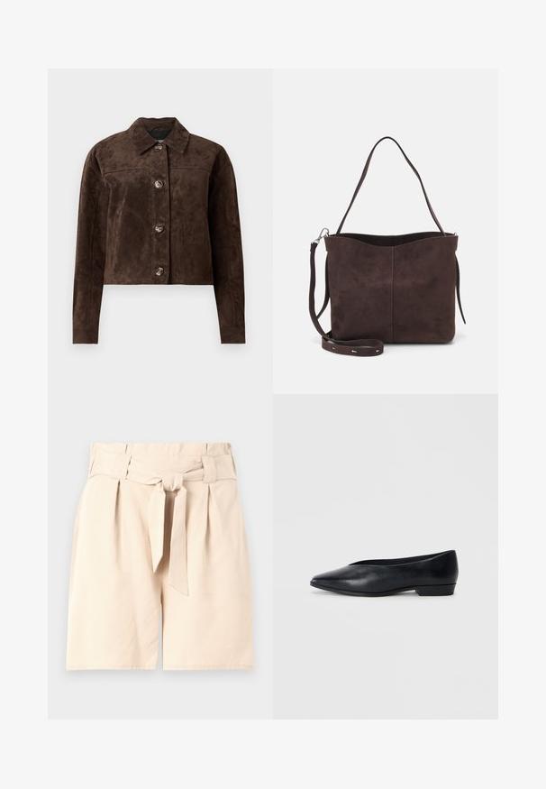 Brahno usnjeni jakni s ovratnikom, sprednjo zaporo na gumbe, dvema stranskima žepoma in skrajšano zasnovo. Gladka tekstura in strukturirana oblika.; Črna kratka majica iz bombaža, z okroglo izjemo in kratkimi, širokimi rokavi za ohlapen kroj. Gladka tekstura, preprost dizajn.; Bež kratke hlače z visokim pasom, sprednjim vezanjem, nabranim dizajnom in gladkim teksturnim materialom. Čista, natančno krojena oblika brez vidnih vzorcev.; Črne usnjene balerinke s špičastim nosom, rahlo dvignjenim peto in gladko površino. Preprost dizajn brez vidnih dodatkov ali vzorcev.; Rjava gamoška torba z mehkobo teksturo, ki ima en samo ramenski trak in subtilno ukrivljen zgornji del. Brez vidnih kovinskih detajlov.