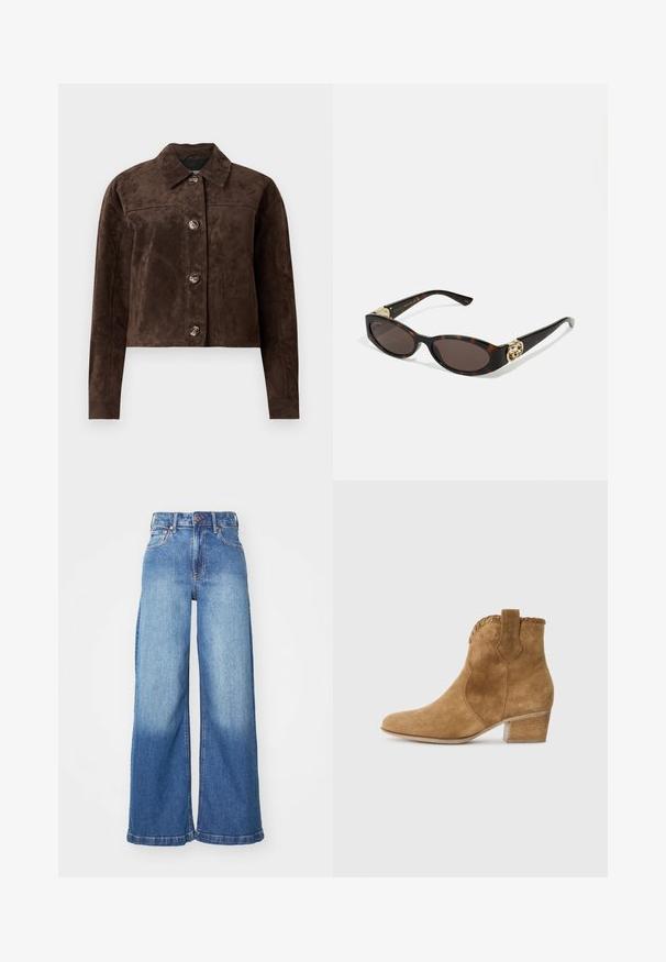 Bruine suède jas met een kraag, knoopsluiting aan de voorkant, twee zijzakken en een cropped ontwerp. Glad materiaal en gestructureerde vorm.; Zwart cropped t-shirt van katoen, met een ronde halslijn en korte, brede mouwen voor een losse pasvorm. Gladde textuur, eenvoudig ontwerp.; Hoge taille wijdbeen blauwe denim jeans met een knoop en rits aan de voorkant en een klassieke vijf-pocket ontwerp.; Tan suède enkellaars met een spitse neus, textuur trim bij de kraag, en een blokhak. Voorzien van een trekband voor gemakkelijke aantrekking.; Schildpadbril met langwerpige ovale lenzen, bruine tint, gouden logo-accenten op de pootjes en slanke zwarte armen.; Bruine neplederen tote bag met twee stevige handvatten, een gestructureerde vorm en een minimalistisch ontwerp, met subtiele stikselaccenten.