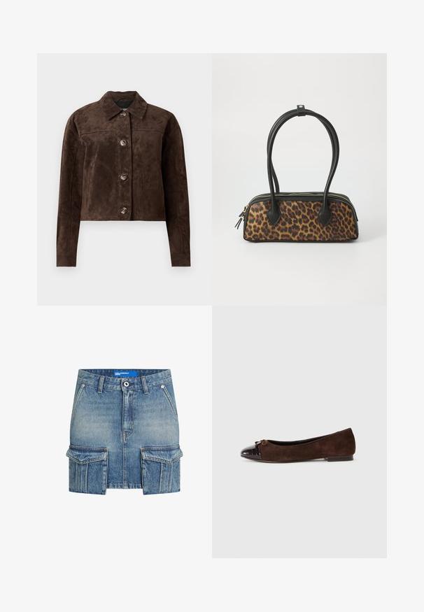 Brūns zamšs mētelis ar apkakli, priekšējo pogu aizdari, divām sānu kabatām un īsu dizainu. Gluda tekstūra un strukturēta forma.; Gaiši rozā bezpiedurkņu tops, kas izgatavots no mīkstas, elastīgas auduma. Tam ir apaļa kakla izgriezuma forma un šauras plecu lences, ar gludu tekstūru un pieguļošu siluetu.; Gaiši zila džinsa mini svārki ar izbalējušu izskatu. Iespējotas divas lielas priekšējās kabatas un priekšējais pogu aizvērums. Mazgājama veļas mašīnā.; Biežie zamšādas baleta kurpes ar glancētu tumši brūnu lakotā āda purngaliem un nelielu loku akcentu priekšā. Līdzena papēža.; Lāču raksta rokassoma ar melnu mākslīgo ādu, divām augšējām rokturēm, zelta rāvējslēdzēju un akcentiem no melnas mākslīgās ādas. Taisnstūra forma.