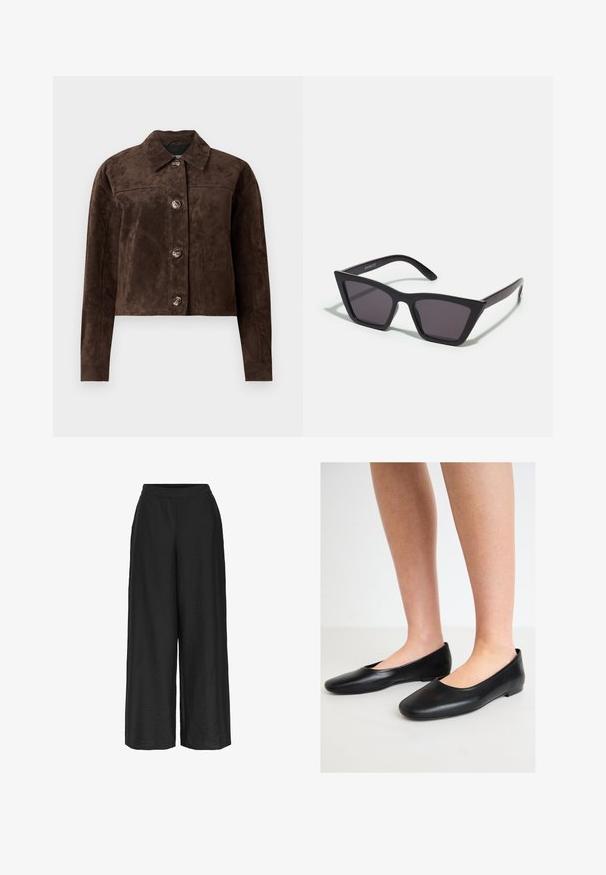 Brun ruskindsjakke med krave, frontknaplukning, to sidelommer og cropped design. Glat tekstur og struktureret form.; Sort én-skulder top lavet af blødt, strækbart stof, med et tætsiddende design og samlingdetaljer på siden. Tynd justerbar strop inkluderet.; Bredde bukser i ensfarvet sort, lavet af et tekstureret stof. Har en elastisk talje og en løs, flydende silhuet.; Sorte ballerinaer lavet af glat læder med en rund tå og en lav, flad sål, der har et nemt slip-on design uden synlige beslag.; Sorte, kantede solbriller med grå linser; lavet af plast, med tykke stænger med en glat overflade og ingen synlig hardware.; Brun lædertaske med to robuste håndtag, rektangulær form, glat tekstur og lynlås lukning. Minimalistisk design uden synlige mønstre.