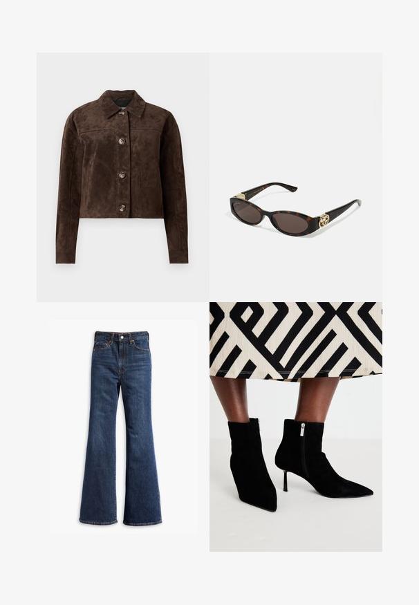 Veste en daim marron avec un col, fermeture à boutons sur le devant, deux poches latérales et un design court. Texture lisse et forme structurée.; T-shirt à manches longues et col rond en marron foncé, fabriqué en tissu jersey. Présente un design ajusté avec une texture lisse et des détails de couture minimaux.; Jeans en denim bleu foncé taille haute avec jambes évasées, fermeture à boutons et zip à l'avant, et conception à cinq poches.; Bottes de cheville en daim noir avec des orteils pointus, des talons aiguilles et des zips latéraux. La texture visuelle est douce ; le design est élégant et ajusté.; Lunettes de soleil en écaille, avec des verres ovales allongés, teinte marron, accents de logo doré sur les branches et montures noires élégantes.; Sac fourre-tout en faux suède marron avec deux poignées robustes, une forme structurée et un design minimaliste, présentant des accents de couture subtils.