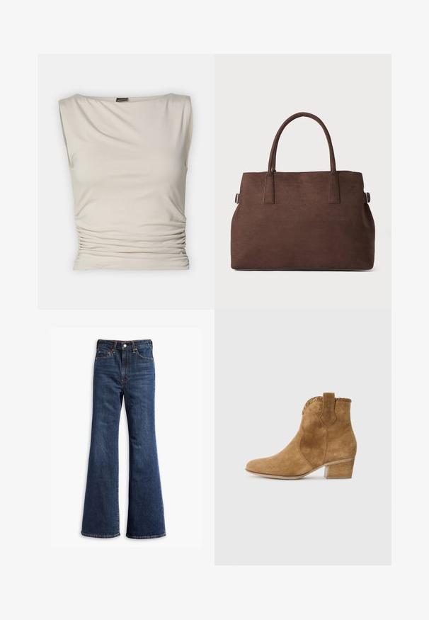 Brown suede jacket with a collared neck, front button closure, two side pockets, and a cropped design. Smooth texture and structured shape.; Gina Tricot SOFT TOUCH BOATNECK TOP - Top - pumice stone; High-waisted dark blue denim jeans with flared legs, front button and zipper closure, and five-pocket design.; Tan suede ankle boot with a pointed toe, textured trim at the collar, and a block heel. Features pull tab for easy wear.; Brown faux suede tote bag with two sturdy handles, a structured shape, and minimalistic design, featuring subtle stitching accents.