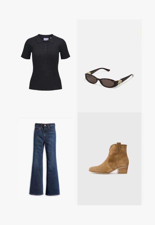 Rudas zomšos švarkas su apykakle, priekiniais mygtukais, dviem šoninėmis kišenėmis ir trumpu fasonu. Lygus paviršius ir išraiškingas siluetas.; Juodas vulkanizuotas polo marškinėliai su trumpomis rankovėmis, turi apykaklę ir penkių mygtukų rankovą. Pagaminta iš tekstūruotos medžiagos.; Aukštos juosmens tamsiai mėlyni džinsai su pločio kojomis, priekinis mygtukas ir užtrauktukas, bei penkių kišenių dizainas.; Smėlio spalvos velveto auliniai batai su smailiu nosimi, tekstūruota apykakle ir blokus padu. Yra patogus užtrauktukas lengvai dėvėti.; Tortoise kiaurinių saulės akinių su pailgomis ovalo formos lęšiais, rudos spalvos atspalviu, auksinėmis logotipo detalėmis ant šakelių ir elegantiškais juodais rankenėlėmis.; Ruda dirbtinės sušalimo medžiagos rankinė su dviem tvirtais užtrauktukais, struktūriška forma ir minimalistiniu dizainu, puikuojasi subtiliomis siūlėmis.