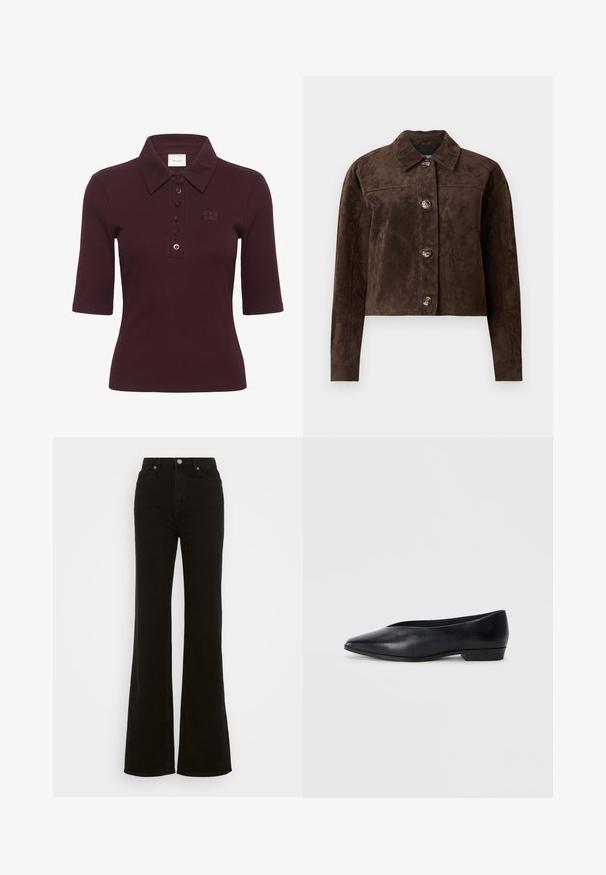 Brūns zamšs mētelis ar apkakli, priekšējo pogu aizdari, divām sānu kabatām un īsu dizainu. Gluda tekstūra un strukturēta forma.; Gestuz DREW - Polo krekls - aronia; Augstas jostas melni izplūduši džinsi, kas izgatavoti no denima, ar pogu aizdari, sānu kabatām un gludu tekstūru.; Melnas ādas dzīvokļu kurpes ar norādītu purngalu, nedaudz paceltu papēdi un gludu virsmu. Vienkāršs dizains bez redzamām detaļām vai rakstiem.