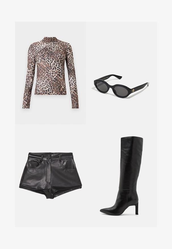 Brahno usnjeni jakni s ovratnikom, sprednjo zaporo na gumbe, dvema stranskima žepoma in skrajšano zasnovo. Gladka tekstura in strukturirana oblika.; Ženska bluza z dolgimi rokavi in visokim ovratnikom, v rjavi in črni leopardji vzorec ter subtilnim nabranim detajlom čez prsi.; Črne hlače iz umetnega usnja s visokim pasom, ki vključujejo dva sprednja žepa, vidno šivanje in gladko teksturo.; Črne usnjene knie visoke stiletto škornje z ostrim nosom in gladko teksturo. Petni del je blokaste oblike, kar dodaja stabilnost oblikovanju.; Črne ovalne sončna očala s temnimi lečami in sijočim plastičnim okvirjem. Imajo zlat logo na robu, kar ponuja eleganten in sodoben oblikovalski pristop.; Rjava semiš torba z dvema robustnima ročajema, pravokotne oblike in dekorativnim trakom po sprednji strani.