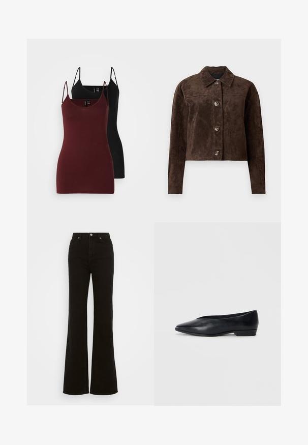 Brūns zamšs mētelis ar apkakli, priekšējo pogu aizdari, divām sānu kabatām un īsu dizainu. Gluda tekstūra un strukturēta forma.; Divu tērpu komplekts: viens tumši burgundijas krāsā un otrs melnā krāsā. Izgatavoti no mīksta, elastīga auduma, ar plānām špageti siksnām un V veida kakla izgriezumu.; Augstas jostas melni izplūduši džinsi, kas izgatavoti no denima, ar pogu aizdari, sānu kabatām un gludu tekstūru.; Melnas ādas dzīvokļu kurpes ar norādītu purngalu, nedaudz paceltu papēdi un gludu virsmu. Vienkāršs dizains bez redzamām detaļām vai rakstiem.