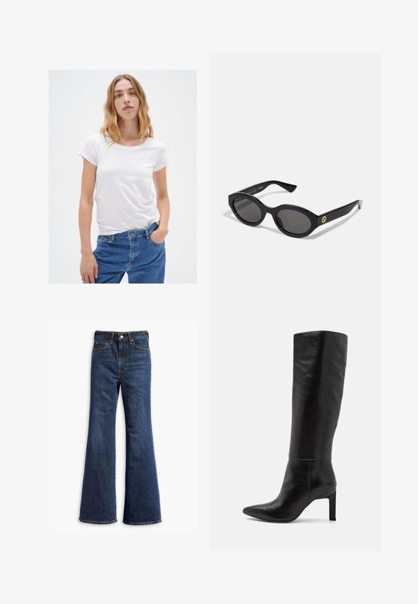 Brun ruskindsjakke med krave, frontknaplukning, to sidelommer og cropped design. Glat tekstur og struktureret form.; Hvid kortærmet t-shirt med rund halsudskæring, lavet af blødt materiale, parret med blå jeans med klassisk pasform og fem-lomme design.; Højtaljede mørkeblå denim jeans med udvidede ben, frontknap og lynlås lukning, samt fem-lommer design.; Knæhøje sorte læder stiletto-støvler med spids tå og glat tekstur. Hælen er i blokstil, hvilket tilføjer stabilitet til designet.; Sorte ovale solbriller med mørke linser og blank plastramme. Har et guldlogo på stykket, hvilket giver et slankt og moderne design.