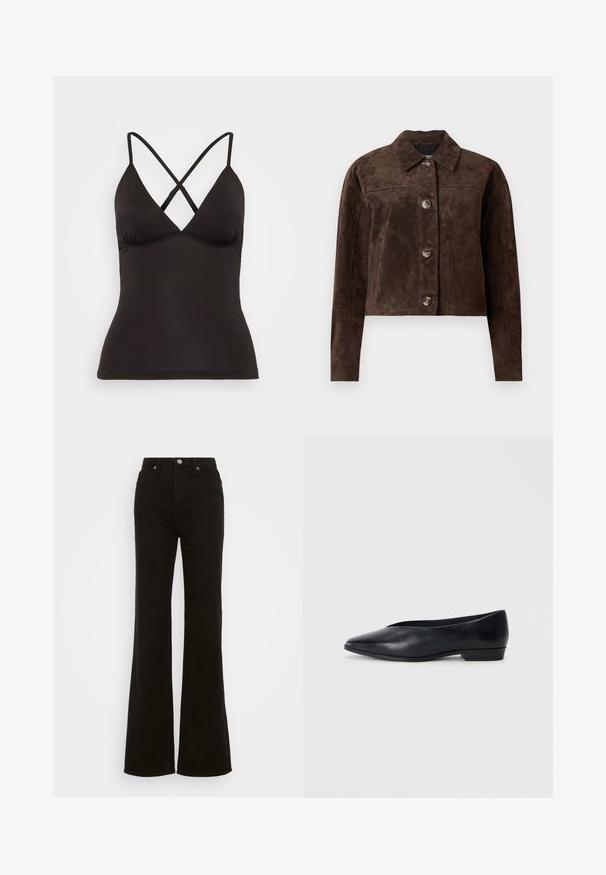 Braune Wildlederjacke mit Kragen, vorderem Knopfverschluss, zwei seitlichen Taschen und cropped Design. Glatte Textur und strukturierte Form.; Schwarzes Trägershirt mit verstellbaren, überkreuzten Trägern, ausgestattet mit einem tiefen V-Ausschnitt und einer taillierten Silhouette. Hergestellt aus glattem, elastischem Stoff.; Hoch taillierte schwarze Schlagjeans aus Denim, mit Knopfverschluss, seitlichen Taschen und glatter Textur.; Schwarze Lederflatschuhe mit spitzer Zehenform, leicht erhöhtem Absatz und glatter Oberfläche. Schlichtes Design ohne sichtbare Hardware oder Muster.