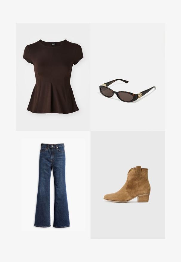 Brun mockaskinnjacka med krage, knappstängning framtill, två sidofickor och kort design. Slät textur och strukturerad form.; Brun kortärmad topp med en rund halsringning, som har en utsvängd fåll och en mjuk tygstruktur, utformad för en figurnära silhuett.; Höga mörkblå denimjeans med utställda ben, frontknapp och dragkedjestängning samt femficksdesign.; Tan mockasin-ankelstövlar med spetsig tå, texturerat kantband vid kragen och en blockklack. Har en dragflik för enkel påtagning.; Sköldpaddsformade solglasögon med avlånga ovala linser, brunt toning, guldfärgade logotypdetaljer på skalmarna och slanka svarta skaft.; Brun faux mockasins toteväska med två robusta handtag, en strukturerad form och minimalistisk design, med subtila sömdekorationer.