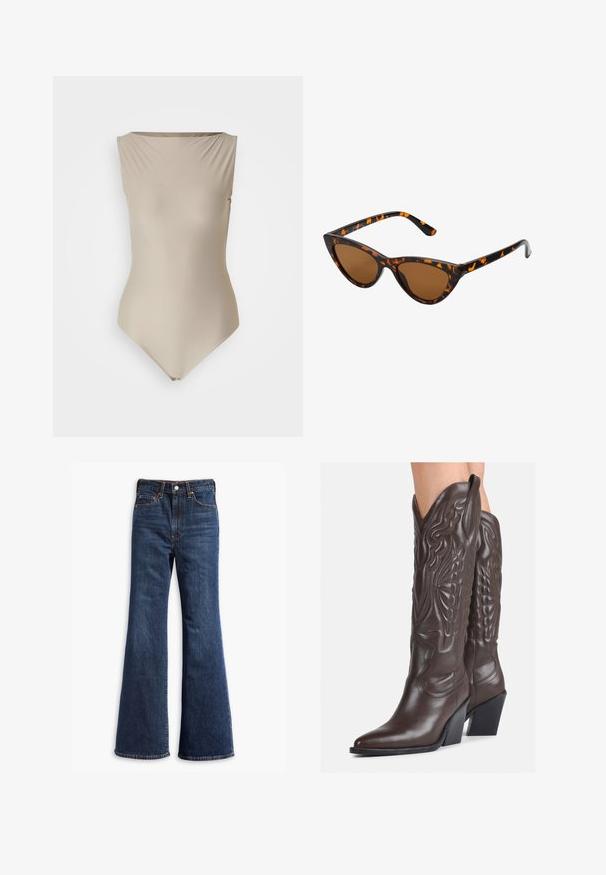 Brown suede jacket with a collared neck, front button closure, two side pockets, and a cropped design. Smooth texture and structured shape.; Beige bodysuit with a boat neckline, sleeveless design, and smooth, stretchy fabric. Features a high-cut leg and snap closure at the bottom.; High-waisted dark blue denim jeans with flared legs, front button and zipper closure, and five-pocket design.; Brown leather cowboy boots with pointed toe and block heel, featuring detailed stitching and raised accents on the shaft.; Cat-eye sunglasses with a black and orange tortoiseshell frame, brown lenses, and sleek, pointed tips. Features a minimal logo on the temple.; Small cream handbag with a textured finish, a long adjustable strap, a chain accent, and a flap closure. Gold hardware detailing.