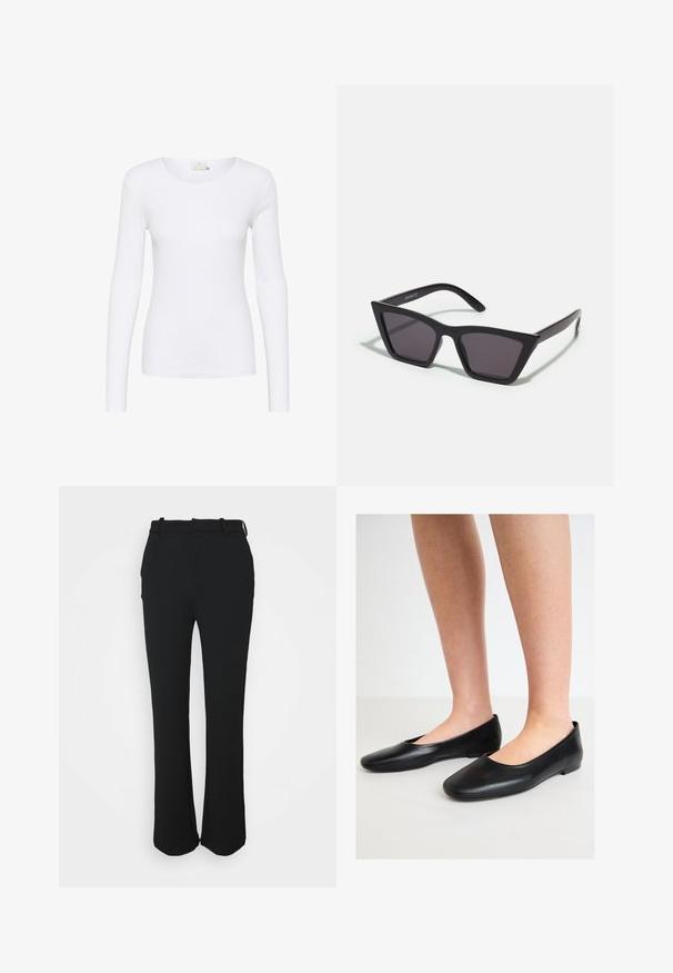 Braune Wildlederjacke mit Kragen, vorderem Knopfverschluss, zwei seitlichen Taschen und cropped Design. Glatte Textur und strukturierte Form.; Weißes Langarmshirt mit rundem Ausschnitt, aus einem glatten, dehnbaren Stoff gefertigt. Besitzt ein tailliertes Design ohne auffällige Muster oder Akzente.; Schwarze, maßgeschneiderte Hose mit glatter Oberfläche, geradem Bein-Design und einem Bund. Verfügt über subtile Nähte und keine Taschen.; Schwarze Ballettschuhe aus glattem Leder mit runder Zehenpartie und einer niedrigen, flachen Sohle, die ein einfaches Design ohne sichtbare Beschläge aufweisen.; Schwarze, eckige Sonnenbrille mit grauen Gläsern; aus Kunststoff gefertigt, mit dicken Bügeln, die eine glatte Oberfläche und keine sichtbaren Beschläge haben.; Braune Lederhandtasche mit zwei stabilen Griffen, rechteckiger Form, glatter Oberfläche und Reißverschluss. Minimalistisches Design ohne sichtbare Muster.