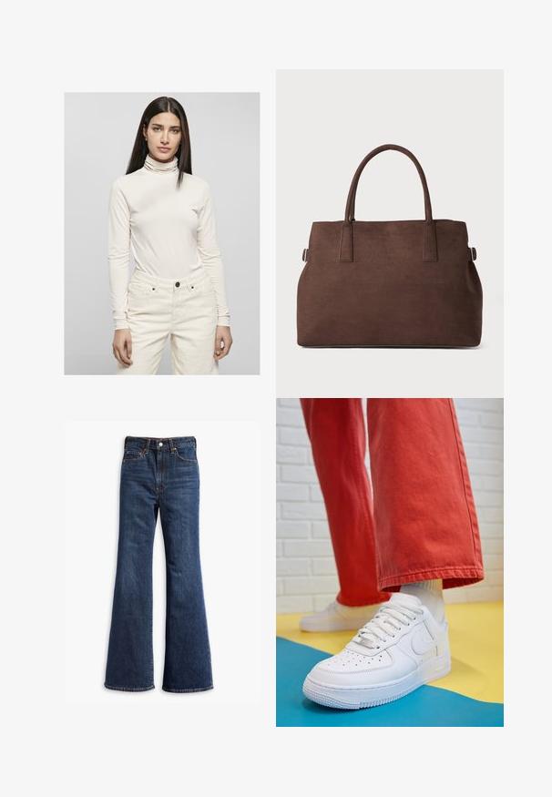 Jachetă din suede maro cu guler, închidere frontală cu butoane, două buzunare laterale și un design scurt. Textură netedă și formă structurată.; Pulover bej cu guler înalt, realizat dintr-un material neted, cu mâneci lungi, asortat cu pantaloni din materiale texturate, în culori deschise, care dispun de buzunare și închidere cu nasture.; Jeans din denim dark blue, cu talie înaltă, picioare evazate, închidere cu buton și fermoar în față, și design cu cinci buzunare.; Tenis alb din piele cu fanta pe vârful piciorului, talpă texturată și șireturi albe, purtat cu pantaloni larga roșii și un fundal albastru și galben.; Geantă tote din microfibră maro cu două mânere robuste, formă structurată și design minimal, având accente subtile de cusătură.
